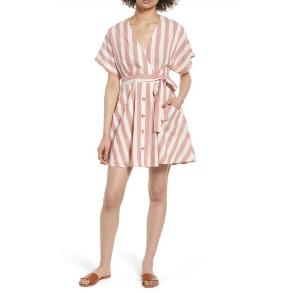Anthropologie Moon River‎ V-Neck Mini Striped Belted Dress Sz Medium